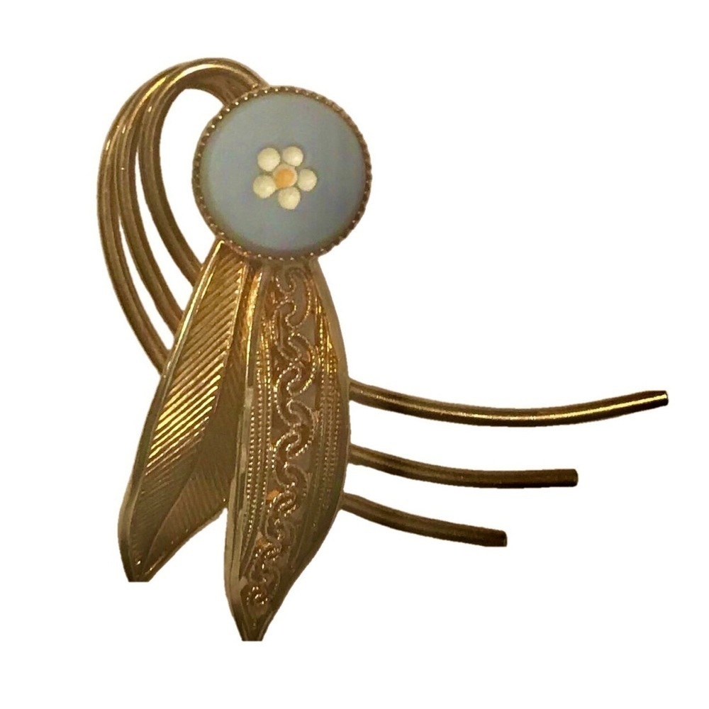 Vintage 14K Gold Daisy Design Porcelain-like Blue Brooch Signed - Picture 3 of 7